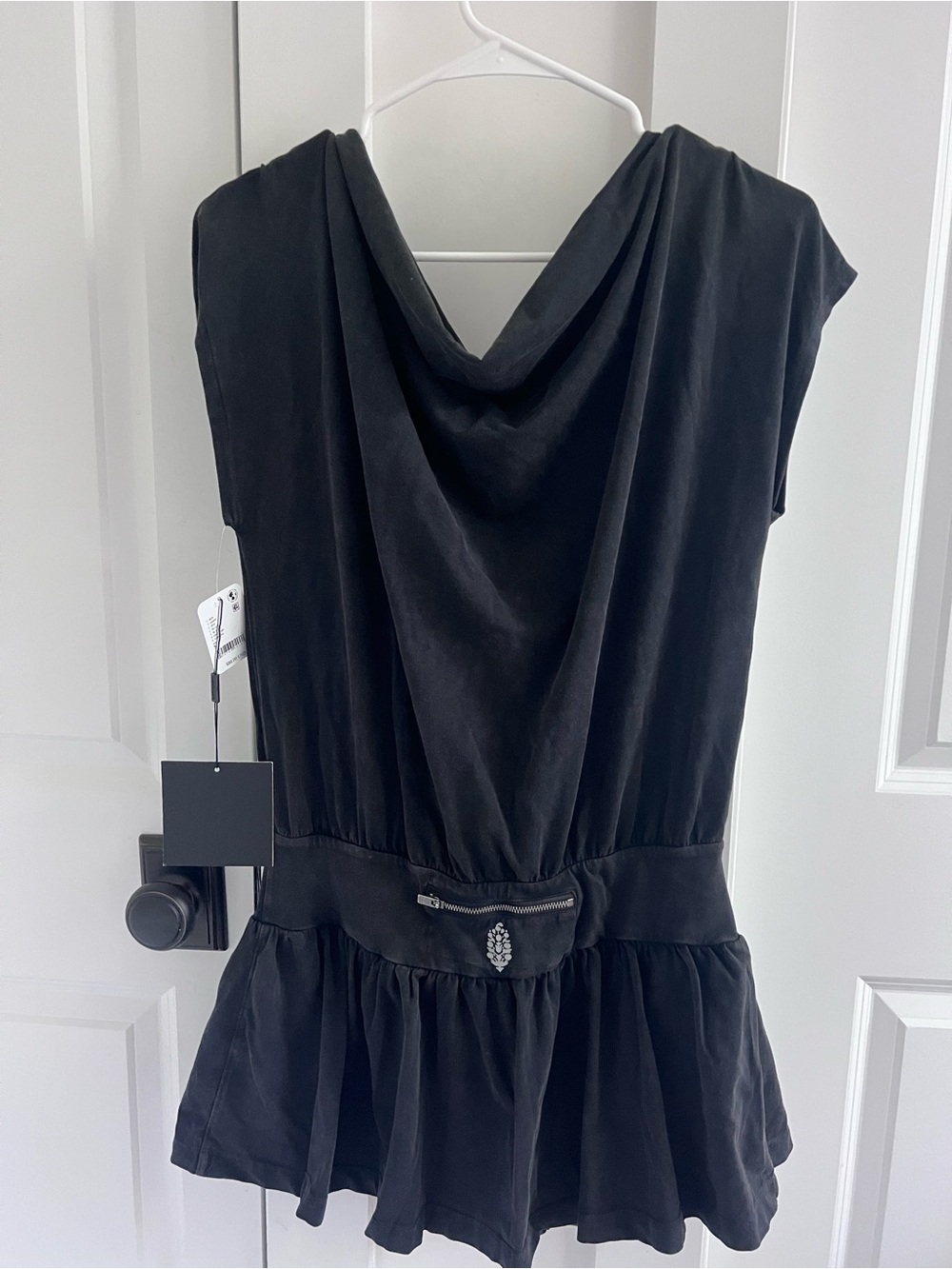 Free People Black Draped Cowl Neck Mini Dress with Waist Embellishment